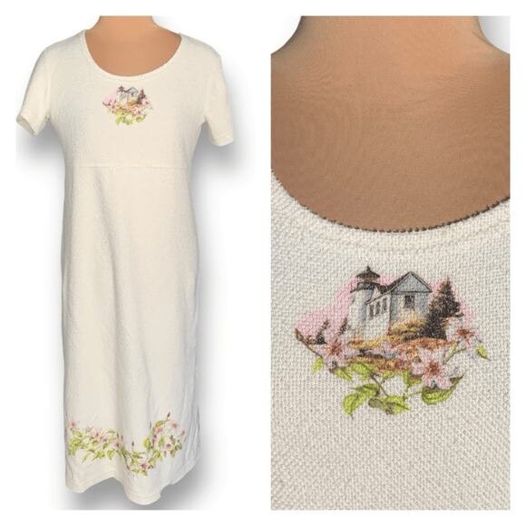 Vintage Cottagecore Lighthouse Floral Print Maxi Dress Pastel Pink Cream Texture - Picture 2 of 8